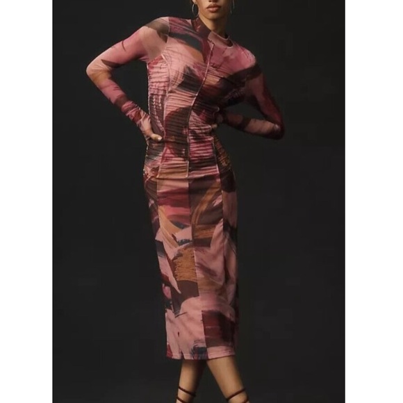 Anthropologie Long-Sleeve Printed Mesh Midi Dress Size Small - Picture 6 of 14